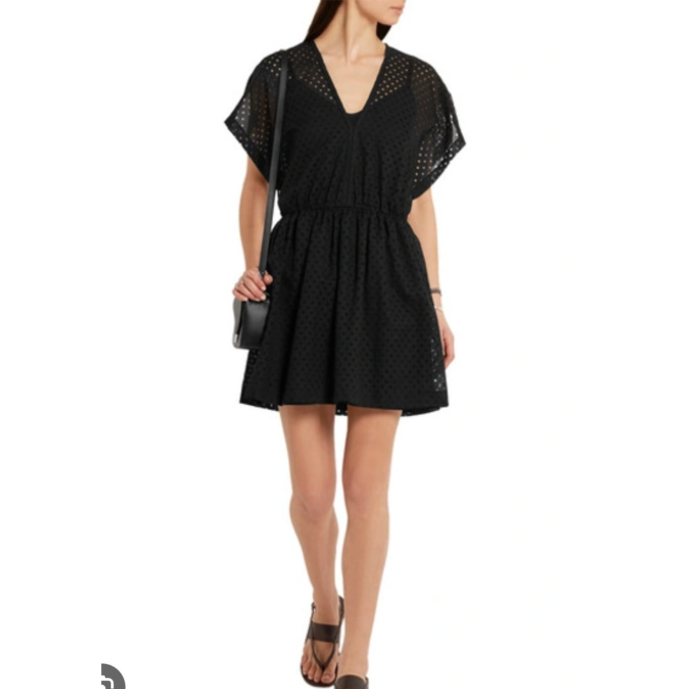 IRO Genna Broderie Anglaise Black Cotton Mini Dress 34 NEW Short Sleeve A-Line